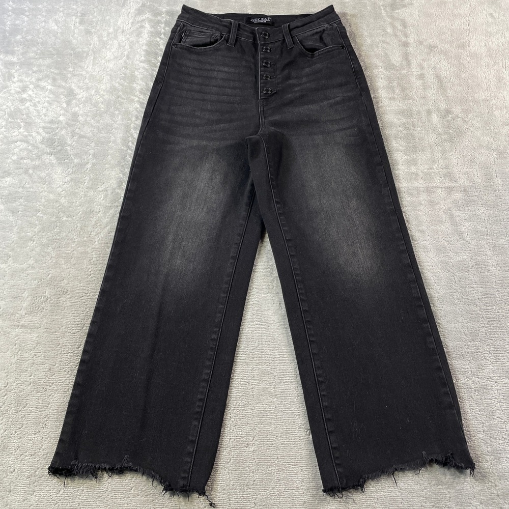 Judy Blue Jeans Wide Crop Womens 5/27 Black High Rise Button Fly Boho Whiskers